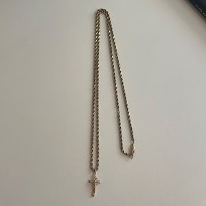 14k Gold 12in Rope Necklace with Jesus on Cross Charm